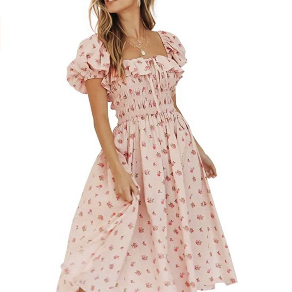 R.Vivimos Womens Summer Floral Print Puff Sleeves Vintage Ruffles Midi Dress